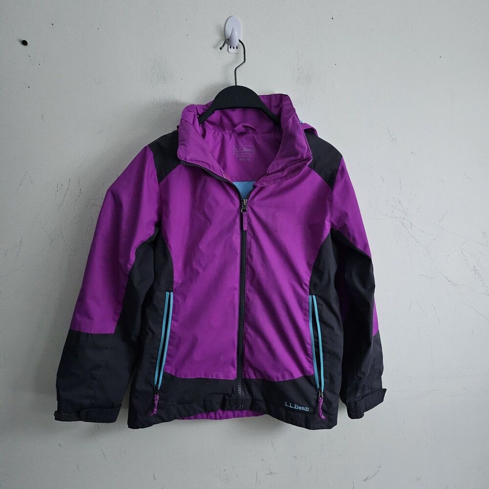 L.L.Bean Jacket Girls M 10-12 Pink Gray Hooded Windbreaker Rain Zip Pockets